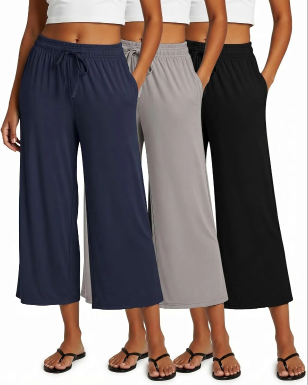 3 Pack: Women's Ultra-Soft Wide Leg Loose Capri Open Bottom Pants - Yoga Lounge Pockets(Available in Plus)