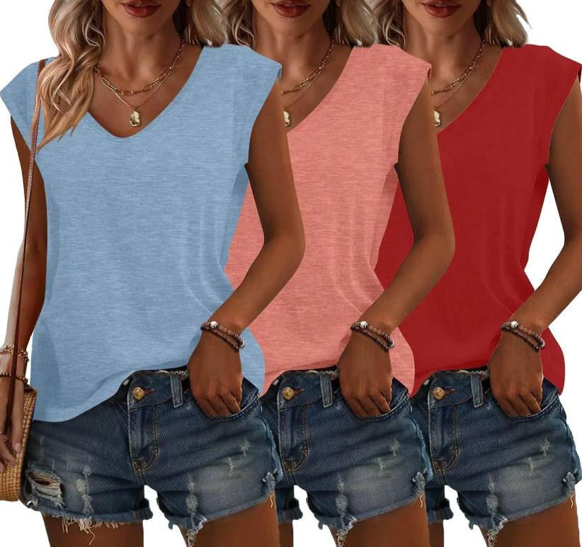 3 Pack Womens Cap Sleeve Tops V Neck T Shirts Summer Spring Outfits Beach Vacation Fashion Tee Blouse Workout Clothes