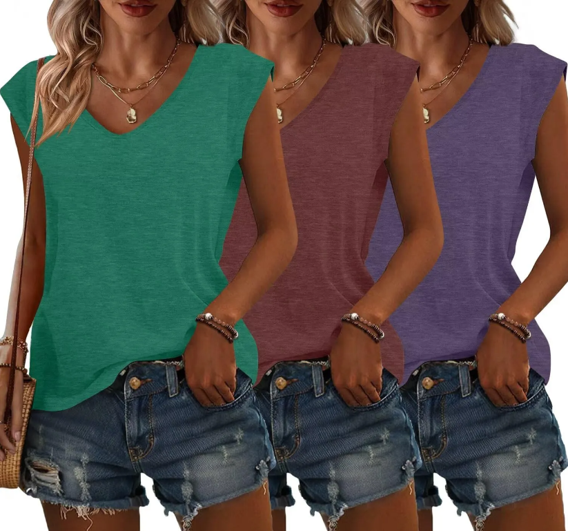 3 Pack Womens Cap Sleeve Tops V Neck T Shirts Summer Spring Outfits Beach Vacation Fashion Tee Blouse Workout Clothes