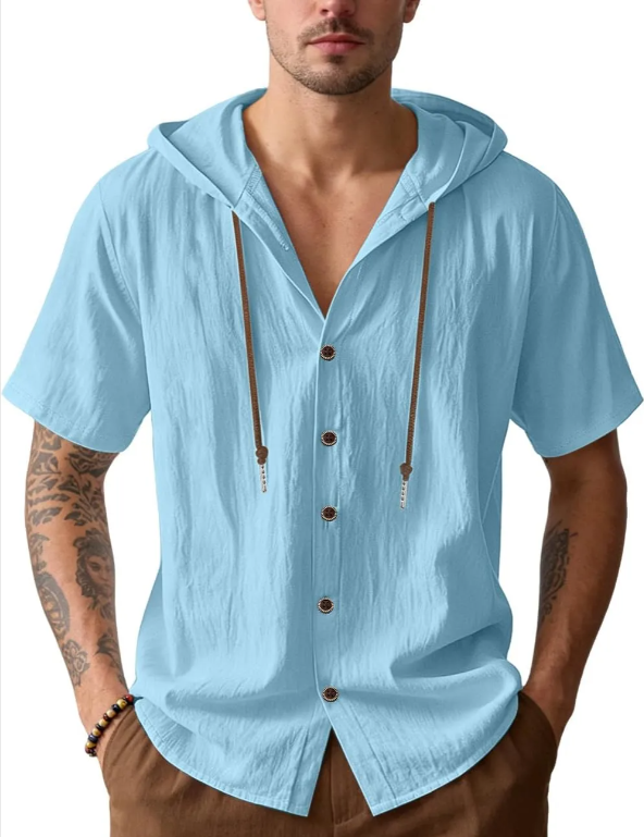 Men's Cotton Linen Shirts Short Sleeve Casual Sweatshirts Button Down Summer Beach Wedding Shirts with Hoodies